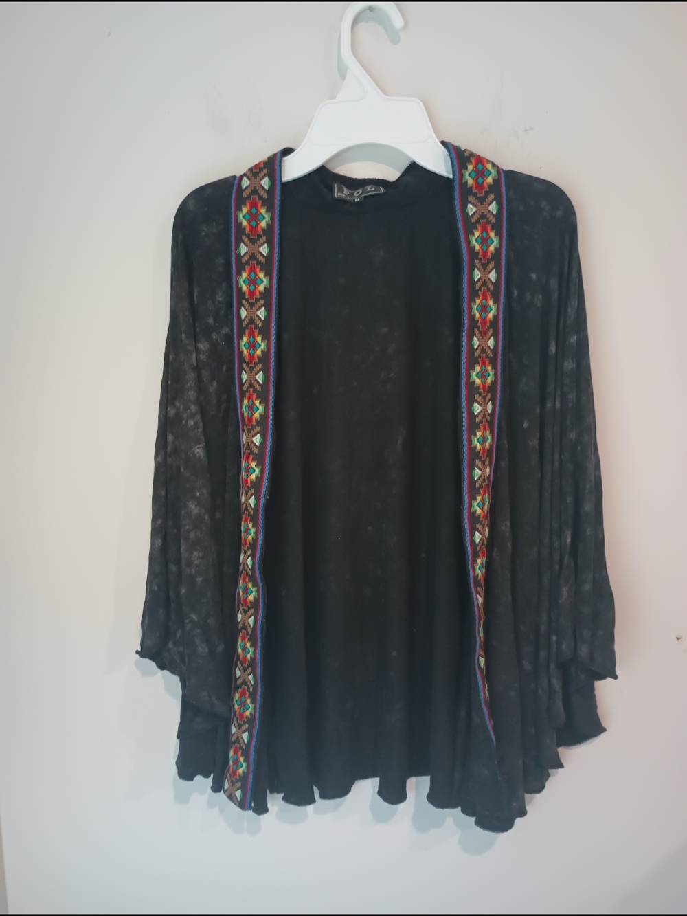 POL Boho Geometric Embroidery Cardigan Medium Black Acid Wash Kimono Wrap Jacket